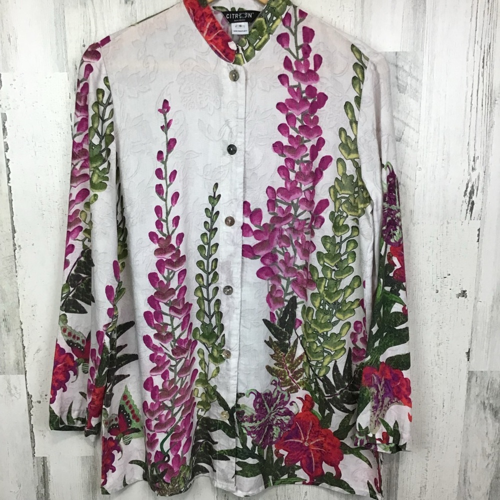 Citron Santa Monica Tencel  Delphinium Floral Made Of Plants Buttoned Art Top